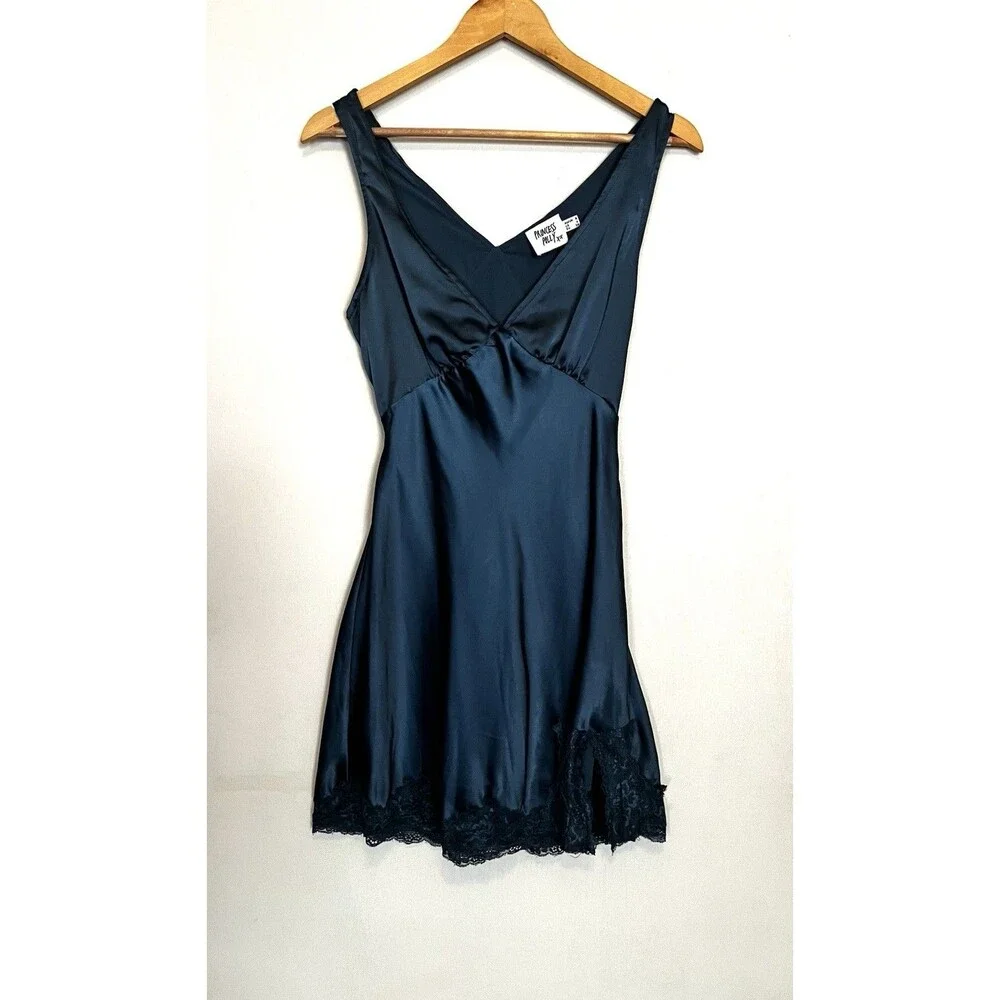 Princess Polly Blue Satin Slip Dress with Lace Trim Size 4